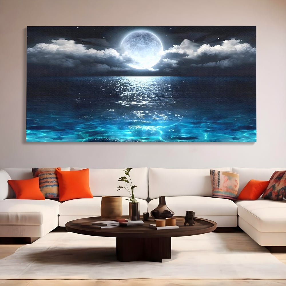 Tablou canvas cu tablou canvas cu luna plina deasupra marii, fara rama, pe sasiu de lemn, pe perete intr-un living